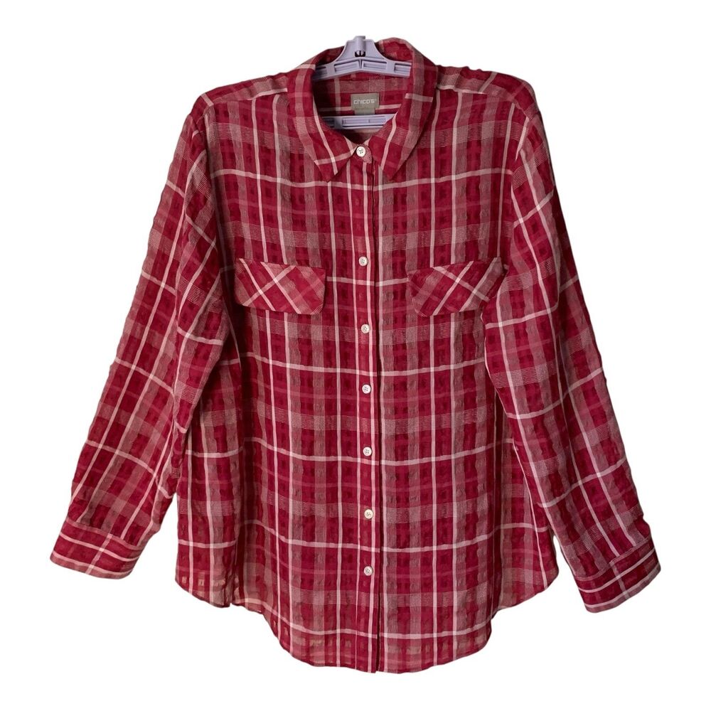 Chicos Red Plaid Shirt SIZE 3 Long Sleeves Semi Sheer Button Up Casual Every Day